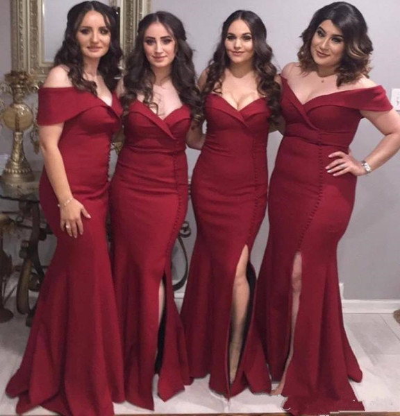 Elegant Off the Shoulder Dark Red Bridesmaid Dresses Cheap Satin Maid of Honor Gowns Side Split Wedding Guest Dresses