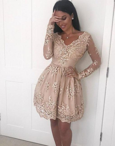 V Neck A Line Long Sleeves Short Dresses Lace Applique Zipper Sexy Custom Made Prom Dresses Prom Gowns Evening Dresses