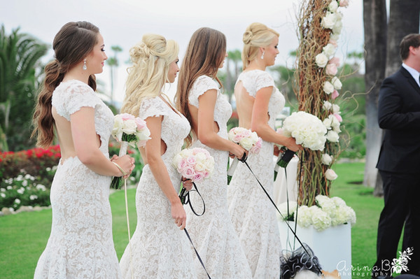 Ivory White Lace Mermaid Bridesmaids Dresses 2015 Backless Capped Sleeves Maid of Honor Dress Wedding Party Dresses Formal Prom Gown