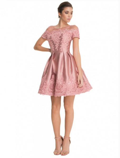 Elegant Bateau Applique Knee-Length Bridesmaids Dresses For Weeding Guests Gown Sexy Pink Short Sleeves Bridesmaid Dresses