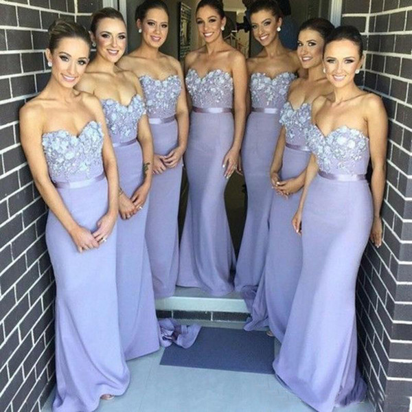 2017 New Arrival Cheap Cheap Sweetheart Handmade Flower Long Mermaid Purple Satin Arabic Bridesmaid Dresses