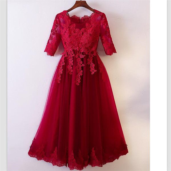 New Red Organza Bridesmaid Dresses Custom Short 1/2Sleeves Lace Party Dresses Jewel Girls Homecoming Gowns