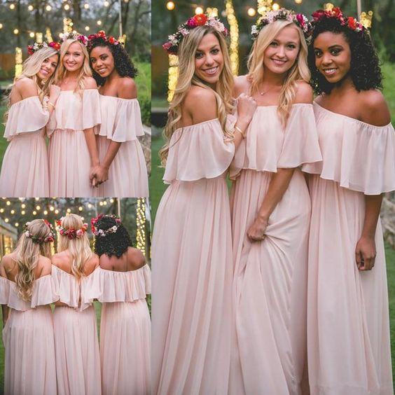 Pink Summer Chiffon Bohemian Bridesmaid Dresses Junior Off Shoulder Floor length Chiffon Cheap Flower Girl Dresses For Wedding With Cape