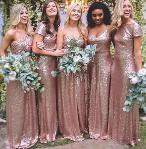 Long Mermaid Sequins Rose Gold Bridesmaid Dresses Bateau Neck Floor Length Party Gowns