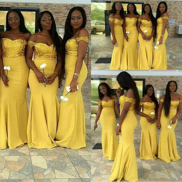 Charming Yellow Lace Bridesmaid Dresses Cap Sleeves Mermaid Satin Floor Length Modest Formal Prom Bridesmaids Gowns