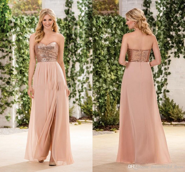 Long Cheap Rose Gold Bridesmaid Dresses A-Line Sequins Top Chiffon Side Split Sweetheart Wedding Party Maid of Honor Dresses Plus Size