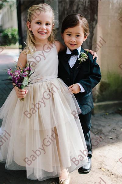 Simple and cheap spaghetti ball gown tulle and satin beautiful junior bridesmaid dress with knee length