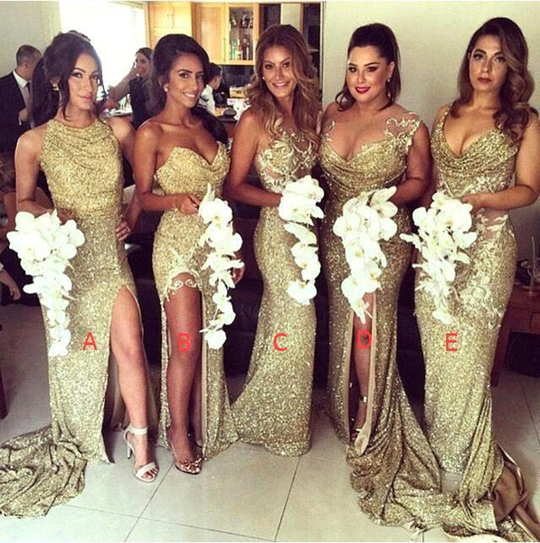 2016 Sequins Long High Split Mermaid Bridesmaid Dresses Arabic Elegant Mixed Neckline Backless Prom Evening Gowns Wedding Party Gowns BO8128