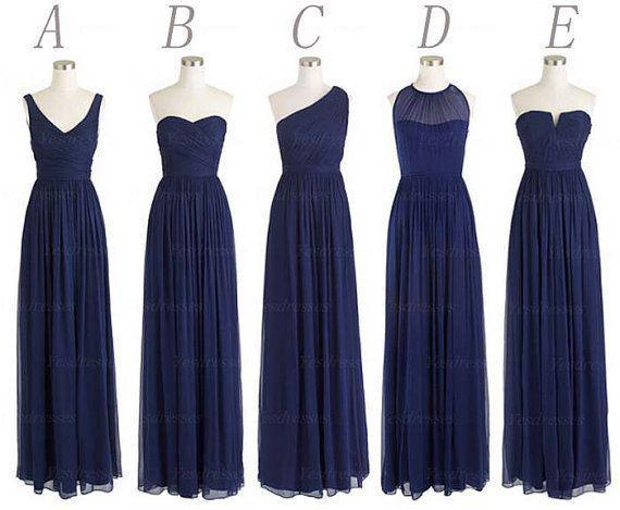 Custom Made 5 Styles Long Bridesmaid Dresses A Line Back Zipper Floor Length Navy Blue Chiffon Ruched Cheap Prom Evening Party Dress