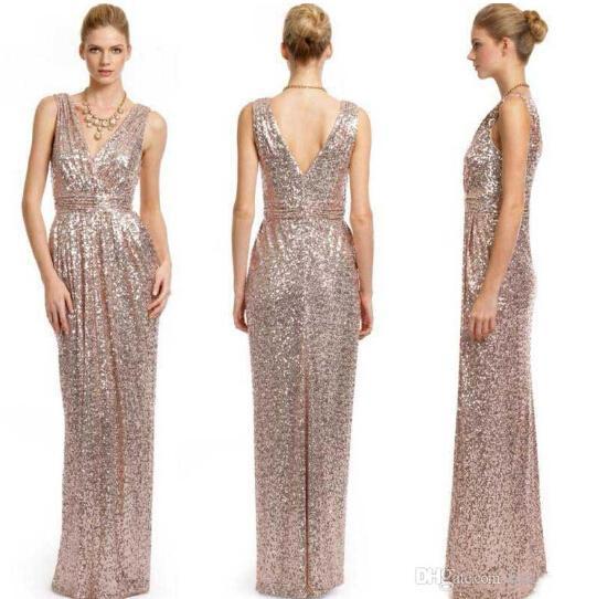 2016 Plus Size Rose Gold Sequin Bridesmaid Dresses V-Neck Empire Maid Of Honor Backless Long Party Prom Dress Popular