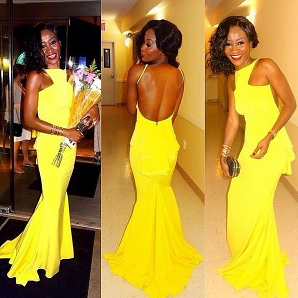 2015 Yellow Mermaid Cheap Bridesmaid Dresses Crew Pleated Trumpet Sleeveless Sweep Train Bridesmaid Formal Gowns Custom Made