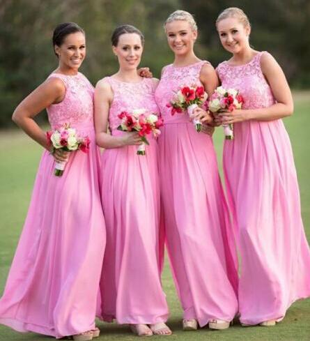 Cheap Pink Appliqued Bridesmaid Dresses Sheer Jewel Neckline Sleeveless Backless Prom Gown Chiffon Floor Length Pleated Long Evening Dress