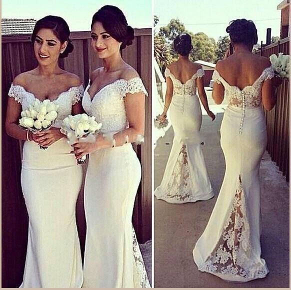 2016 Cheap Gorgeous Bridesmaid Dresses For Wedding Off Shoulder Long Mermaid Sweep Train Lace Appliques Sheer Formal Party Prom Evening Gown