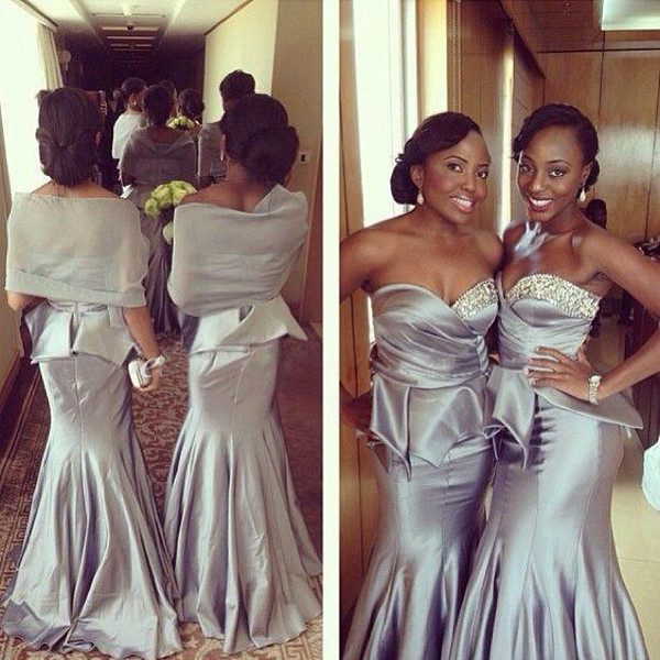 Silver Mermaid Bridesmaid Dresses Sweetheart Neck Satin with Beads Peplum Stylish Maid of Honor Evening Gowns 2016 Nigerian