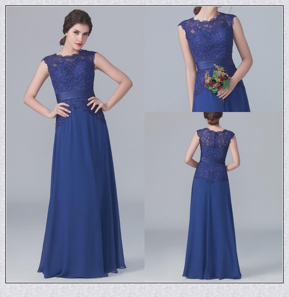 2016 Graceful Navy Blue Jewel Long Chiffon Junior Bridesmaid Dresses Groups Nicely Lace Crew Neck A Line Draped Floor Length Prom Party Gown