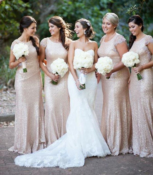 2015 Cheap Sexy Bridesmaid Dresses Gold Sequins Cap Sleeve Crew Neckline Mermaid Beaded Prom Formal Maid Of Honor Dress Evening Gowns Custom