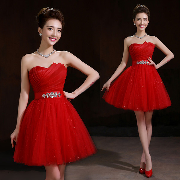 New Organza Tulle Sweetheart Ball Gown Bridesmaid Dress With Crystal 2016 Red Fashion Party Dress Short