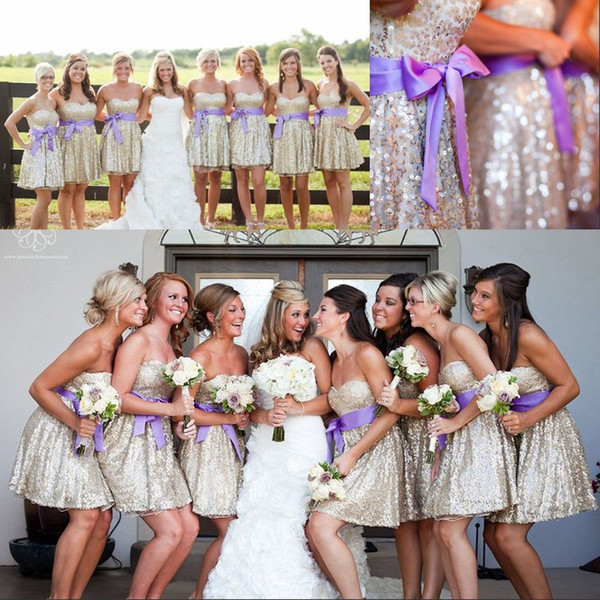 2015 Hot Sale Light Champagne Sequins Bridesmaid Dresses with Lavender Sash Sweetheart Short Beach Maid of Honor Wedding Party Dresses