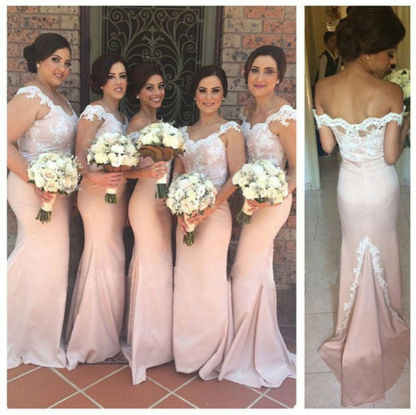 2015 Pink Mermaid Bridesmaid Dresses Lace Aplliqued Fashion Off Shoulder V Neck Floor Length Capped Long Occasion Gowns