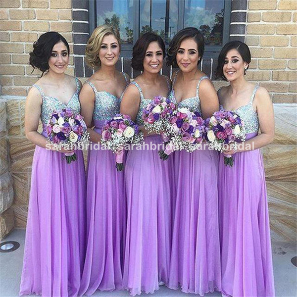 2015 Full Length Long Light Purple Chiffon Bridesmaid Dresses Sweetheart Beaded Spaghetti Strap Sequin Bodice Rhinestone Bridal Party Gowns