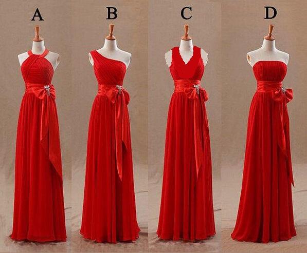 2015 Red Bridesmaids Dresses 4 Styles Tight Pleats Elegant Bow Knot Chiffon Long Designer Plus size Bridesmaid Party Dresses