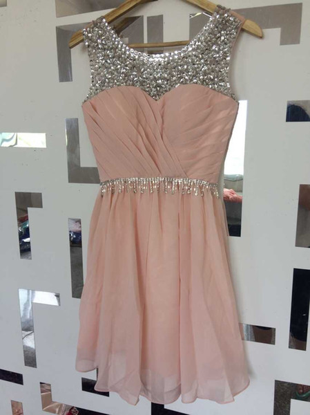 New Pink Fashion Ball Gown Scoop Neck Beading Short Bridesmaid Dress 2015 Chiffon Party Gowns Lace up