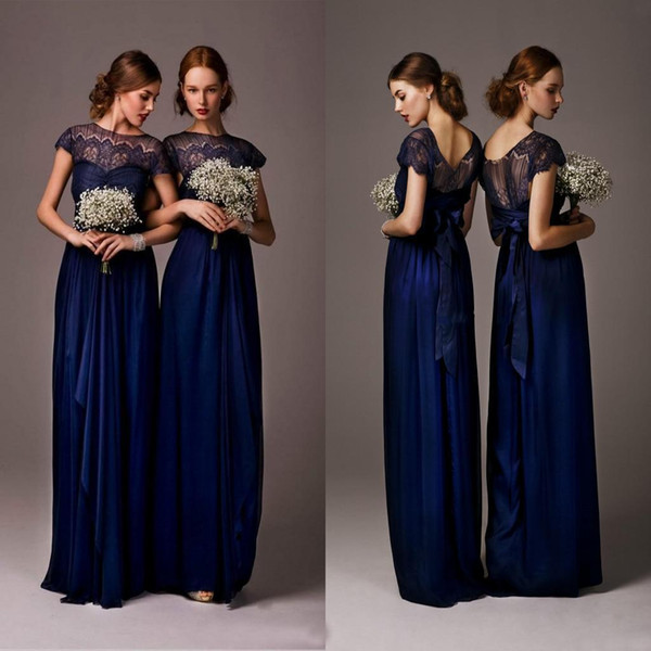 2015 Navy Blue Bateau Sheer applique Lace long bridesmaid Dresses Capped Sleeves Floor Length Evening Dress Prom Gowns Wedding Party Dress