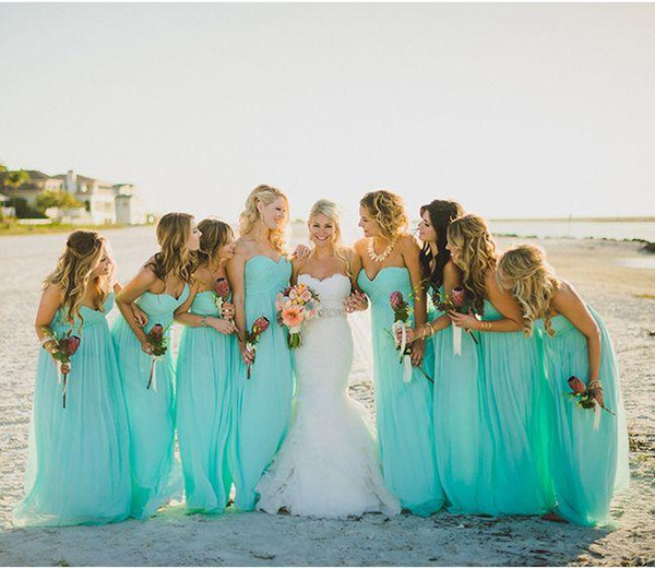 Turquoise 2015 Bridesmaid Dresses Beach Party Dress With A Line Ruffle Sweetheart Neck Zip Back Floor Length Chiffon Cheap Sale