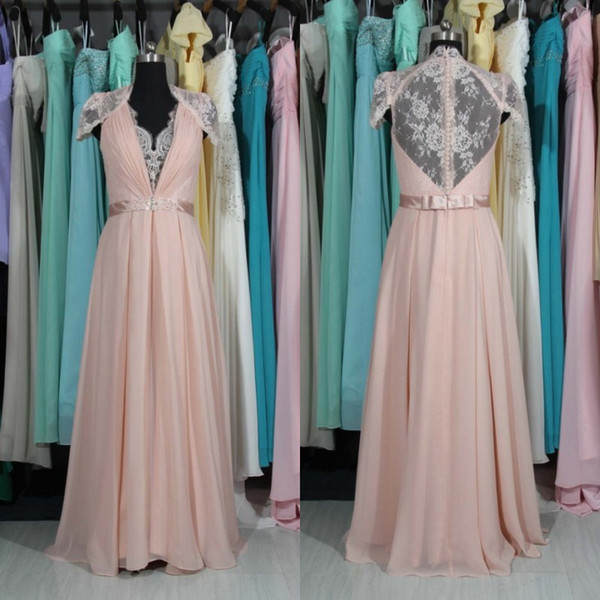 2015 Stunning Real Picture Bridesmaid Dresses Blush Pink Wedding Party Guests Gowns V Neck Lace Cap Sleeves Beaded Sash Long Cheap Prom Gown