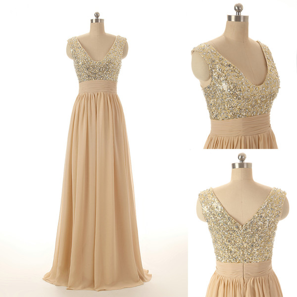 2015 Gold Bridesmaid Dresses Under 100 Sexy Chiffon V Neck Sequined Prom Formal Dresses Wedding Maid of Honor Dresses Evening Gowns