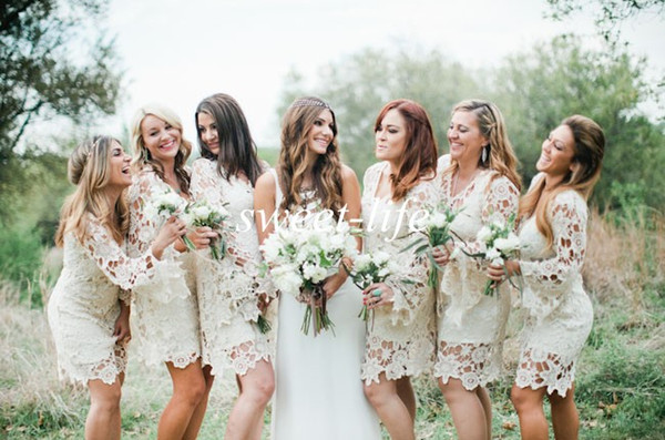 Hippie Style Bridesmaid Dresses 2015 Cheap Long Sleeve Ivory Lace Knee Length Plus Size Bohemian Wedding Guest Party Maid of Honor Dresses