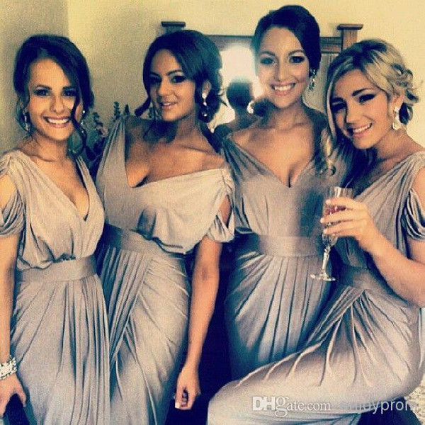 2015 Hot Sale Bridesmaid Dresses Silver Gray chiffon V-neck Cap Sleeves sheath Cheap Maid of Honor Dresses Prom Gowns evening Gowns plus siz