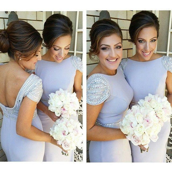 2015 New Light Blue Chiffon Mermaid Bridesmaid Dresses Bateau Backless Long Maid of Honor Gowns with Beads Cap Sleeve Formal Party Dress