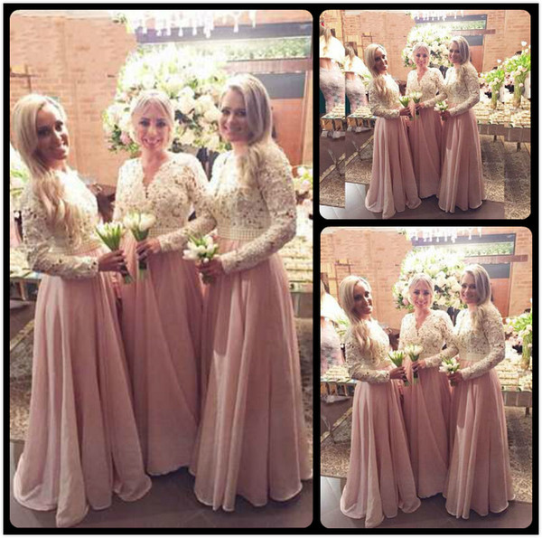 Elegant 2016 V Neck Appliques Lace A-Line Bridesmaid Dresses Waist With Pearls White&Pink Long Bridesmaid Dress With Long Sleeve