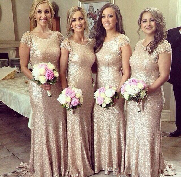 Gold Dress Long Sheath Sequin Short Sleeve Bridesmaids Drsses Scoop Zipper Floor-length Shiny Mermaid Wedding Dress Evening Gowns Plus Size