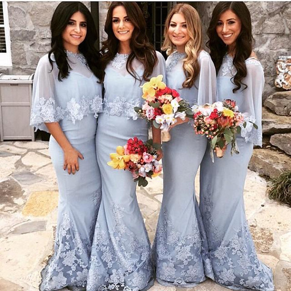 Light Blue Mermaid Bridesmaid Dresses 2015 Hot Long Lace Appliqued Sweep Train With Shawl Custom made