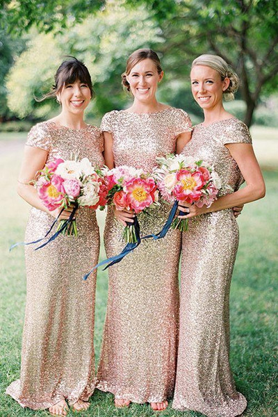 Sparkle Sheath Jewel Short Sleeves Floor-Length Gold Sequins Bridesmaid Dresses Shining Prom Dresses 2015