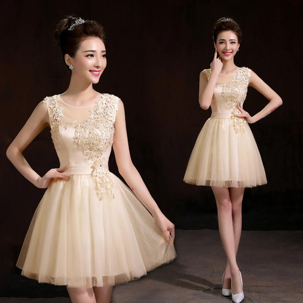 Champagne Scoop Neck Lace Appliqued Short Bridesmaid Dress 2015 Lace Up Bridesmaid Gowns vestido de festa longo