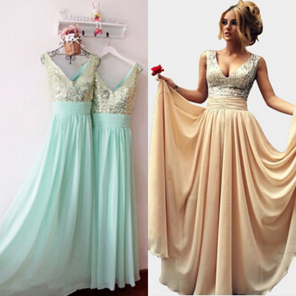 2016 Cheap Bridesmaid Dresses A Line V Neck Maid of Honor Gowns Sequins Champagne Mint Green Floor Length Wedding Party Gown Custom Made