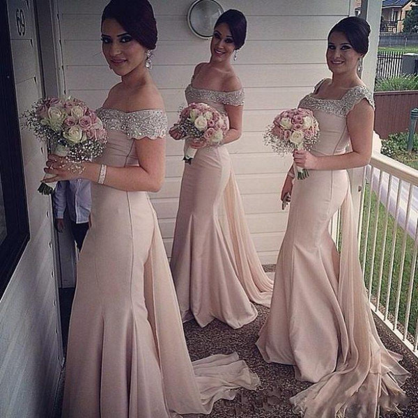 2015 Champagne Plus Size Bridesmaid Dresses Off The Shoulder Beads Watteau Ruched Short Sleeve Back Zipper Mermaid Prom Dress