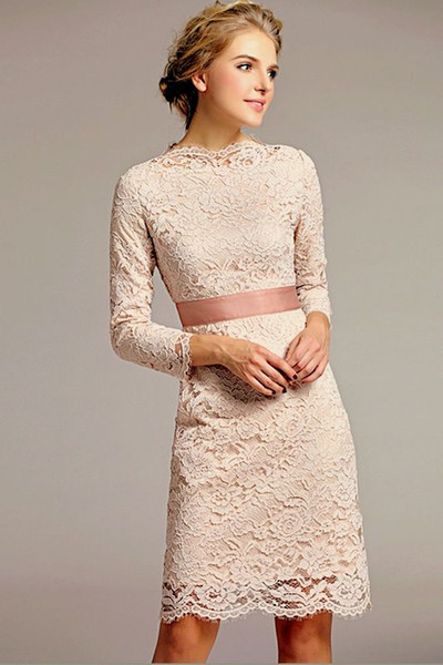 Lace Knee Length lace Bridesmaid Dresses Long Sleeve Vestido De Fiesta back Zipper 2015 Short Maid Of Honor Dress Custom Made