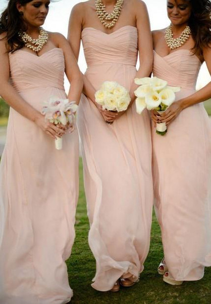 2015 Blush Pink Long Chiffon Cheap Bridesmaid Dresses Hand Pleated Back Zip Summer Garden/Beach Bridesmaid Gowns Formal Gowns ZC