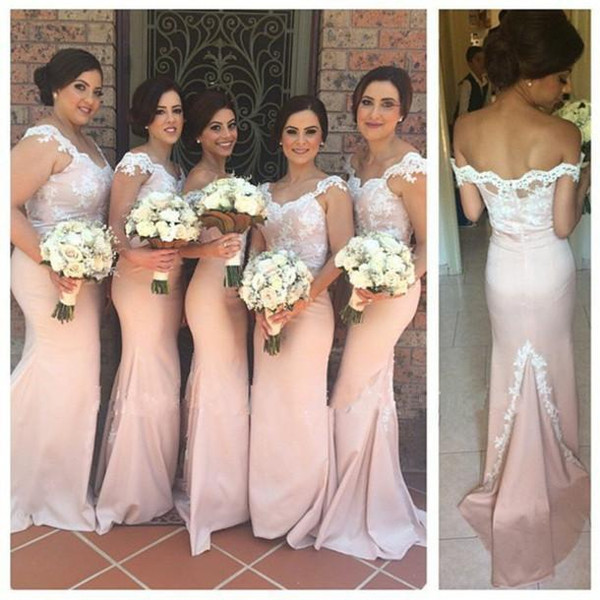 Blush Peach Off Shoulder Long Mermaid Lace Bridesmaid Dress 2015 Custom Made Junior Maid Of Honor Dress Prom Party Evening Formal Gowns 2016