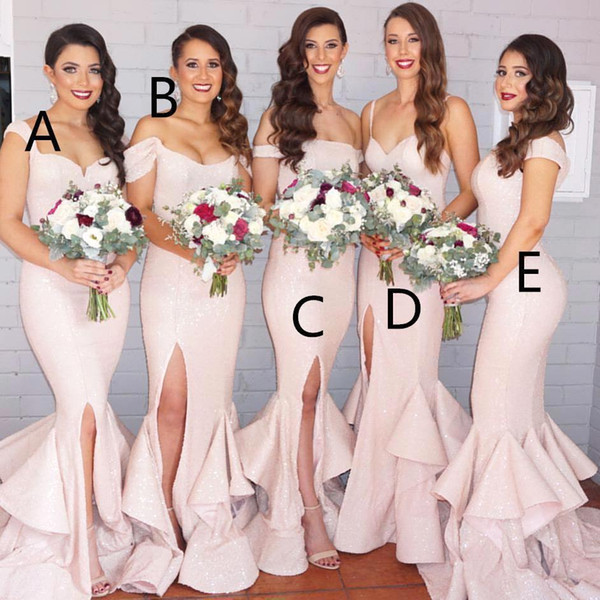 2016 Mix Style Long Bridesmaid Dresses Sexy Open Back Scoop Lady Party Gowns African Sexy Tulle Mermaid Plus Size Pink Sequined Prom Dresses