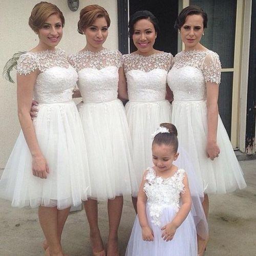 2015 Graceful Ivory Tulle Bridesmaid Dresses Sexy Lace Applique Backless T-shirt High Neck Knee Length A Line Prom Gown Bridesmaid Dress