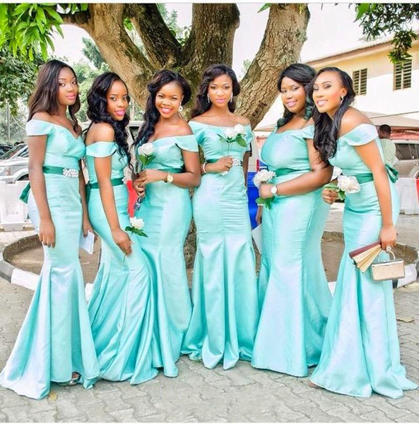 Mint Green Mermaid Long Bridesmaid Dresses 2015 Off Shoulder Ruched Taffeta Fabric Sash Beaded Trumpet Simple Party Gowns Custom made