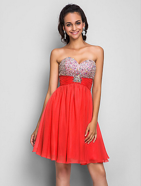 Princess A-line Strapless Sweetheart Short/Mini Prom Dress Crystal Detailing Sequins Cocktail Party Dress Chiffon Bridesmaid Dress