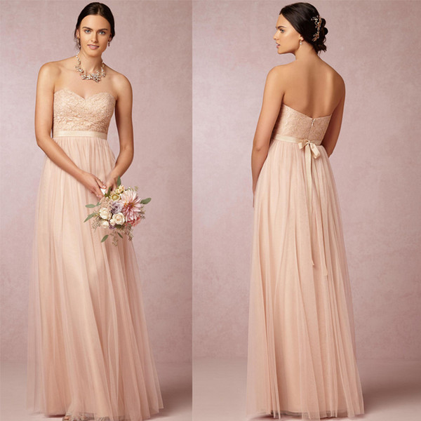 2015 Blush Pink Long Bridesmaid Dresses Sweetheart Lace Bodice A-Line Floor-length Tulle Wedding Dresses Party Gowns custom-made