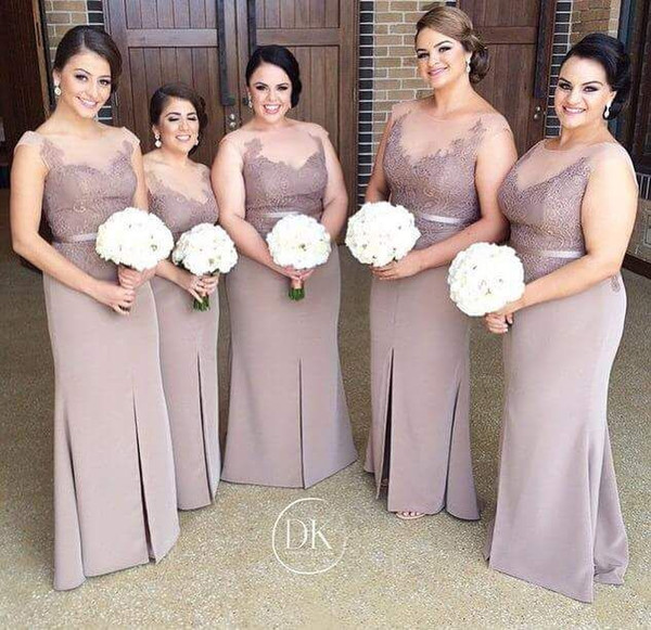 Long Bridesmaid Dresses Front Spit Taffeta Illusion Neckline Short Sleeves Mermaid Shape 2015 Winter Custom Made Cheap Bridesmaid