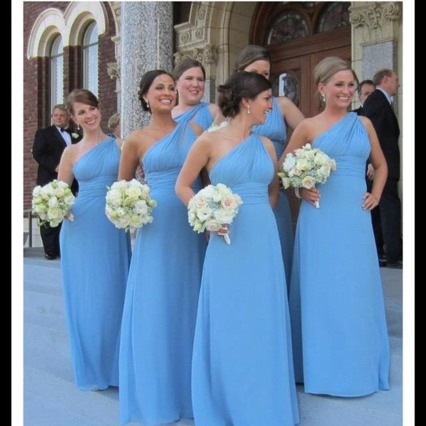 Cheap Bridesmaid Dresses With One Shoulder vestido de festa de casamento Blue Long Custom Made Chiffon Bridesmaid Gowns